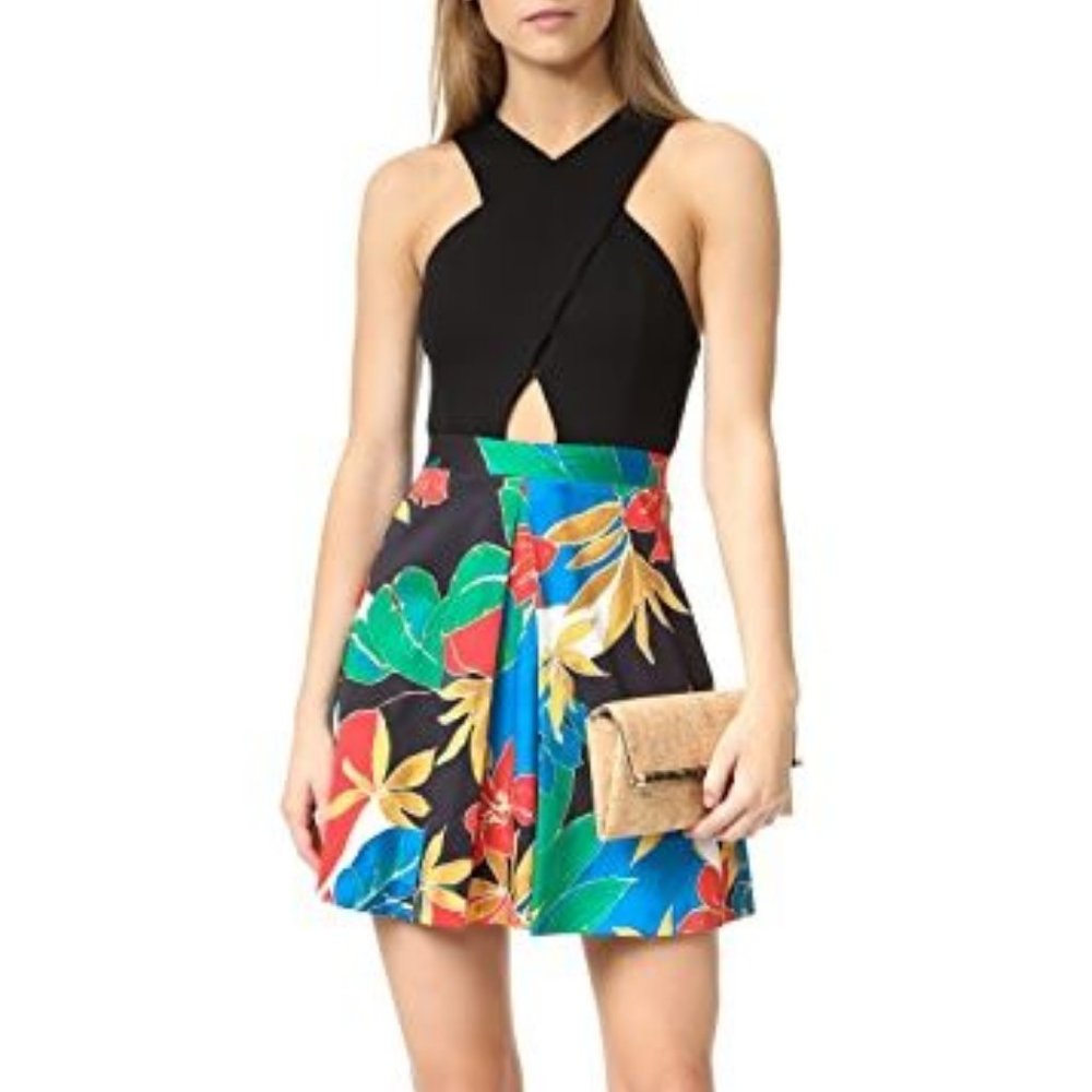 Alice + Olivia Black Halter Mini Dress with Tropical Floral Skirt